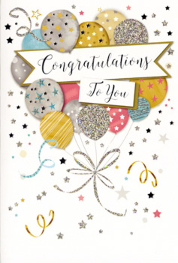 Displayed as though propped beside a vase of fresh blooms in a Harrow on the Hill sitting room, this congratulations card captures the feeling of a well-deserved celebration. The main focus is a lush cluster of illustrated balloons in a harmonious mix of colours: gleaming gold, cool silver, soft champagne, sky blue, blush pink, and gentle grey. Each balloon has its own personality, adorned with tiny stars, slim stripes, or delicate flecks of glitter, giving the artwork depth and suggesting different textures - from smooth satin to sparkling foil. They rise together from a shared point, bound by swirling ribbons in metallic tones that curl and loop like the graceful stems and tendrils in a carefully arranged bouquet. The background is a soft neutral, lightly sprinkled with scattered stars, dots, and festive streamers in gold and silver, echoing the carefree joy of confetti thrown in a moment of triumph. Across the centre floats a decorative banner, gently curved, carrying the word Congratulations in flowing, elegant calligraphy that suggests care and sincerity rather than something rushed or generic. The composition has a quiet sophistication, reminiscent of the understated charm of the historic streets around the Hill and the calm of nearby Churchfields. As a professional florist, I'm struck by how the artist has balanced colour, space, and movement so the eye travels naturally from the balloons to the banner and back again, much as it would across a thoughtfully designed floral display. This card feels ideal for pairing with celebratory flowers - perhaps for exam success, a new job in central London, or any milestone that deserves to be remembered with a touch of sparkle and heartfelt pride.
