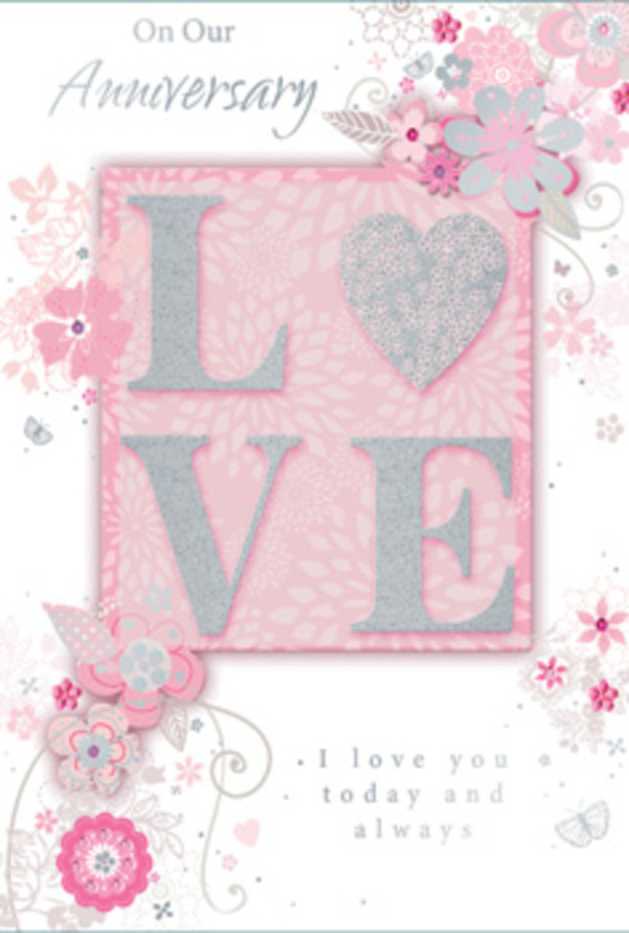 This anniversary card unfolds like a tender moment between two people, its design as carefully balanced as a bouquet arranged for a quiet celebration in Harrow on the Hill. Dominating the front is the word LOVE, printed in raised letters that are generously dusted with soft, frosted glitter. The surface of each letter feels slightly textured, as if traced with a fine line of sugar, catching and reflecting light in a way that recalls candlelight dancing on crystal vases. The palette is a dreamy blend of blush pinks, creamy whites, and slivers of silver, evoking the pastel tones of early blossoms along local gardens near West Street in springtime. Around the central word, airy, stylised flowers and sweeping leaves drift across the card. Their forms are delicate and elongated, with gentle shading that gives each petal and frond a sense of dimensionality, as though they might lift from the page and be gathered into an intimate, hand-tied posy. Silver-touched outlines glint like fine florist's wire, guiding the eye in soft spirals around the design. Hidden among the blooms are barely-there butterflies and small curls of foliage, creating a sensation of light movement, as if a soft breeze from Harrow on the Hill's green slopes were stirring the design. The message, set in a refined, flowing script, speaks of enduring love and shared days, its calm lettering harmonising with the gentle florals. Altogether, the card feels like a keepsake to rest beside a vase of fresh anniversary flowers, quietly holding memories and promising many more seasons together.