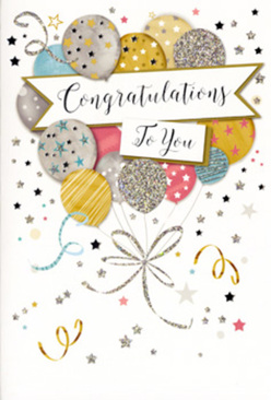 This congratulations card looks like a little celebration set against a pale, gently glowing sky, much like the soft evening light over Harrow on the Hill. A jubilant bouquet of balloons dominates the scene, each one plump and glossy, painted in harmonising shades of metallic gold, antique silver, champagne cream, sky blue, and blush pink. Their surfaces are embellished with twinkling stars, fine stripes, and delicate glitter patterns, giving the illusion of texture you can almost feel under your fingertips. Slender ribbons, drawn in fluid curls of gold and silver, gather the balloons together and sweep downward in a graceful arc, as if drifting lazily in a light breeze along the High Street. Scattered around the card are tiny starbursts, confetti flecks, and loose spirals, which create a sense of motion and make the design feel like the moment just after a big announcement, when everyone is smiling and the room hums with delight. Across the middle, a refined banner stretches out, carrying a handwritten-style message of congratulations in flowing script, the kind of lettering that feels both personal and celebratory without being loud. The colour palette is soft yet luxurious, balancing pastel warmth with cool metallic shine, perfect for honouring achievements such as graduations, promotions, or special milestones. From a florist's eye, the arrangement of elements mimics a beautifully balanced bouquet - taller balloons at the back, smaller ones in front, all perfectly layered. It's the sort of elegant card you might send alongside fresh flowers delivered locally, letting someone in Harrow on the Hill know just how proud you are of what they've accomplished.