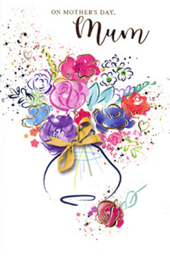 This Mother's Day card illustration presents a lively, painterly bouquet set against a clean white background, as if a florist near Harrow on the Hill station had translated a favourite spring arrangement into watercolour. Large cerise and fuchsia-pink blossoms sit at the heart of the composition, their rounded, open faces outlined with fluid indigo lines that echo the gentle curves of rose and peony petals. Around them, dabs of soft lavender, cool blue, and hints of apricot drift in, building a layered cloud of colour that feels both spontaneous and thoughtfully composed. Fine gold strokes skim along petals and leaves, forming subtle veins and outlines that shimmer like early sunlight catching dew on morning walks across Harrow School fields. Tiny hearts, paint splashes, and speckles of colour float around the bouquet, giving the impression of petals tossed in celebration or children's laughter filling a family kitchen. The flowers gather in a stylised vase, painted with loose, translucent washes and finished with a slim golden bow that suggests the care of a finished delivery bouquet just before it leaves the shop. Negative space around the design lets every hue breathe, so the eye travels easily from one bloom to the next. The overall feeling is warm, affectionate, and gently uplifting: a paper bouquet that echoes the tenderness, gratitude, and everyday moments of love we see celebrated each Mother's Day across Harrow on the Hill, from older cottages tucked away on quiet lanes to modern homes overlooking the hill.