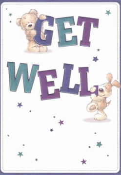 This charming get well card exudes a sense of gentle optimism reminiscent of cherished afternoons in Harrow on the Hill. A soft-hued teddy bear, depicted with plush, lifelike texture, perches with care atop the word 'GET', while a lively puppy with floppy ears nestles at the base of 'WELL'. Their expressions, full of affection, mirror the supportive community spirit you find around the green spaces of Churchfields or Roxeth Hill. The letters themselves, shaded in luminous purples and aquas, are bold and joyful, commandingly standing out against a fresh white background that feels both clean and uplifting. Star-shaped flourishes scatter across the scene, glinting with subtle shades of blue and violet, as if echoing the starlit sky above Harrow's historic skyline. This artwork, thoughtfully assembled, evokes the same meticulous attention to detail I apply when arranging flowers that convey empathy and hope, such as those sent from Flowers Harrow on the Hill. The overall composition wraps the recipient in warmth and encouragement, its slightly whimsical style reminding us that healing is fostered not just by medicine, but by heartfelt cards and vibrant, friendly gestures shared between neighbours. The image is a gentle balm-inviting, playful, and designed to bring comfort to anyone on the mend.