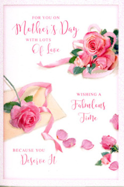 This Mother's Day card is pictured as an elegant floral still life, as considered and graceful as a bouquet delivered to one of the leafy streets circling Harrow on the Hill. The artwork centres on a loose arrangement of pink roses, their petals layered and velvety, ranging from pale shell pink at the outer edges to a richer, deeper pink nestled in the heart of each bloom. They rest across a clean, softly lit background, which allows every curve and fold of the petals to stand out like brushstrokes on canvas. Around the main cluster, individual petals are scattered as though a gentle breeze had lifted them, creating a dreamy sense of movement that feels almost like walking through the rose beds of a hidden garden behind one of the Hill's historic houses. Flowing calligraphy stretches across the card, looping and swirling in warm, affectionate phrases that clearly speak of Mother's Day love and admiration, even if the exact words are not sharply in focus. The script feels handwritten, intimate, as if penned specifically for one beloved mum. Near one corner, a soft ribbon curls around the design, its pastel hue harmonising with the roses and adding a delicate celebratory touch, reminiscent of gift wrapping or the finishing bow on a floral arrangement. The lighting is gentle and natural, with no harsh shadows, giving the entire card a serene, comforting glow - the sort of calm, heartfelt mood that accompanies a quiet Sunday brunch on the Hill, with flowers and cards laid out on the table in honour of a very special mother.