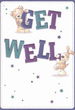 This delightfully illustrated get well card brings to mind the warmth of community so characteristic of Harrow on the Hill. Against a crisp cream background, two endearing characters-a soft teddy bear and a lively pup-engage together in presenting a cheerful message, each holding and balancing vibrant 'Get Well' letters that seem to pop from the page. The text's rich indigo and teal hues echo the lively tones of local gardens in spring, while scattered stars in cool blues and soft purples lend a magical, hopeful energy to the design. The texture of the bear's and puppy's fur appears plush and inviting, as if ready to provide a comforting hug just as neighbours might on Roxeth Green. As a bespoke florist serving this area, I am reminded of crafting bouquets for recovery that combine colour and warmth in much the same way-a heartfelt gesture that turns gratitude and positivity into something tangible. This card is more than a visual greeting; its soothing palette, expressive characters, and gentle details make it a true salve for anyone facing illness or recovery, sending genuine comfort from Harrow on the Hill with every glance.